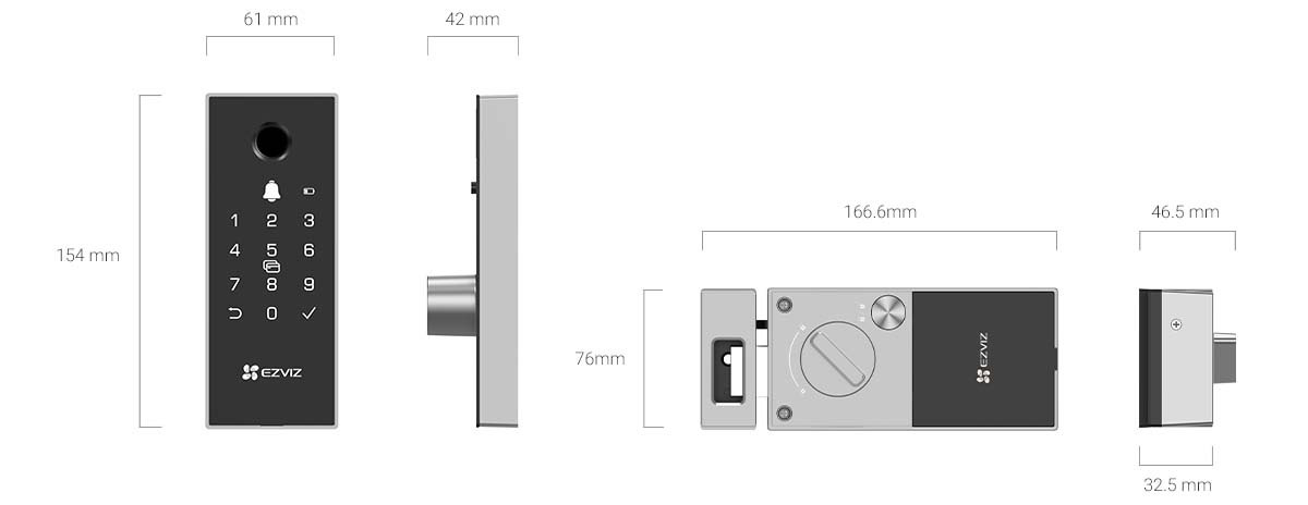EZVIZ DL03 Pro Smart Wi-Fi Rim Lock product dimensions