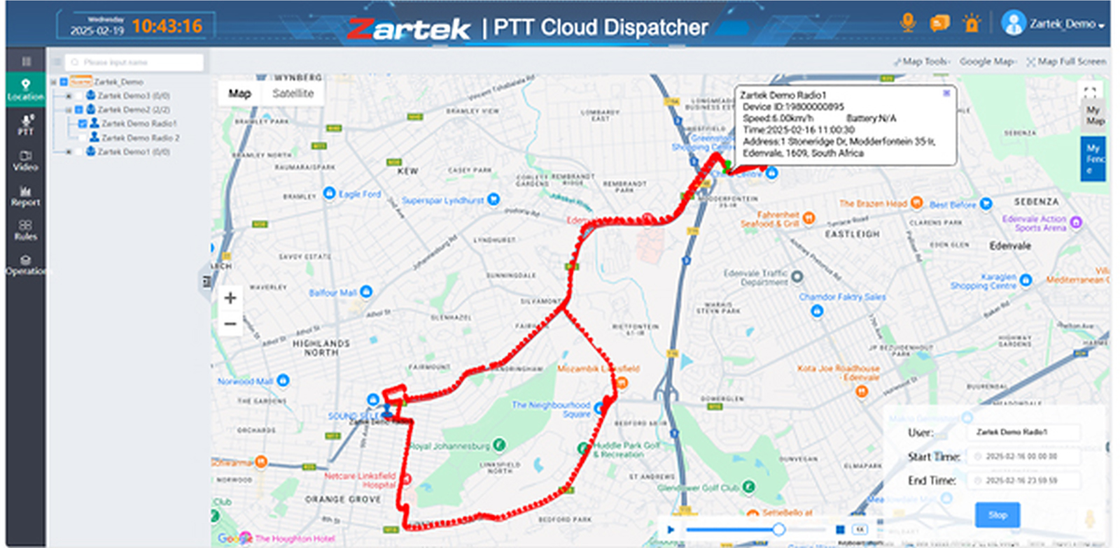 Zartek PTT Cloud Dispatcher showing GPS position and historical route tracking