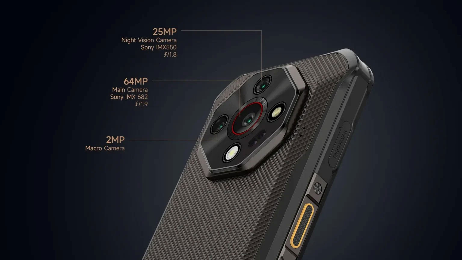25MP Night Vision, 2MP Macro, 64MP Main Cameras